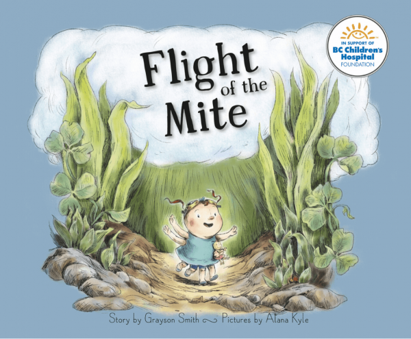 Cover page for the children's book Flight of the Mite featuring Gracie Mite running with arms extended out like wings.