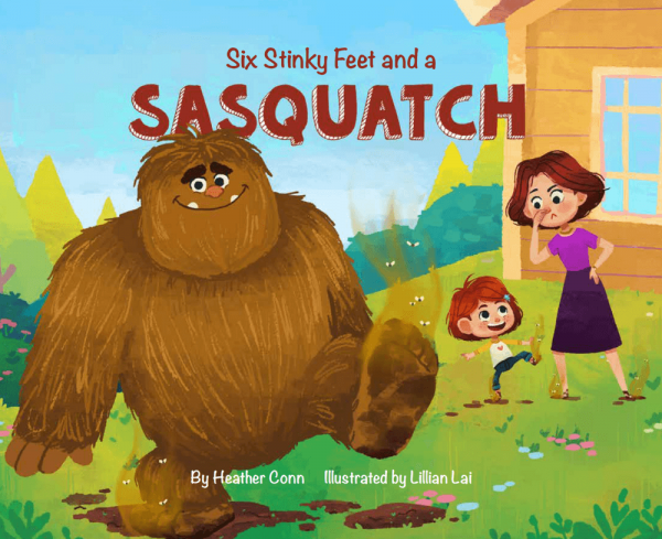 A large sasquatch with sticky feet intrigues stomping in mucky puddles with child and mother look on
