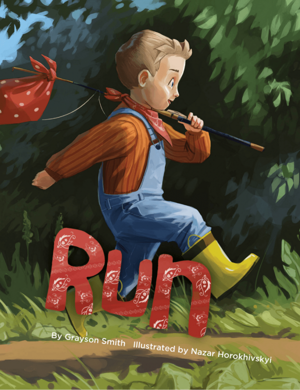 Run A wordless story follows a young boy in overalls runs down a hill away from home
